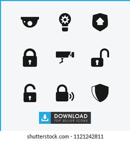 Privacy icon. collection of 9 privacy filled icons such as lock, opened lock, home security, open lock, security camera. editable privacy icons for web and mobile.