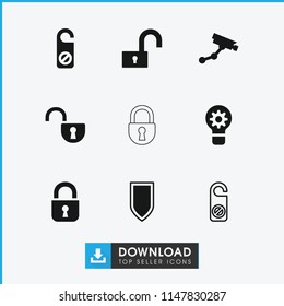 Privacy icon. collection of 9 privacy filled and outline icons such as security camera, do not disturb, lock, shield, open lock. editable privacy icons for web and mobile.