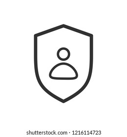 Privacy Icon, Flat Shield With Person Silhouette Symbol, Personal Protection Sign, Authentication Security Icon, Secure Confidentiality Label.