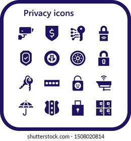 privacy icon set. 16 filled privacy icons.  Collection Of - Cctv, Protection, Electronic key, Padlock, Security, Shield, Lock, Keys, Password, Lockers icons