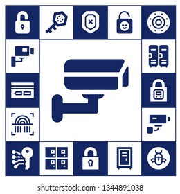 privacy icon set. 17 filled privacy icons.  Collection Of - Unlock, Cctv, Key card, Fingerprint, Lockers, Lock, Security camera, Electronic key, Key, Shield, Locker, Bug