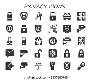privacy icon set. 30 filled privacy icons.  Collection Of - Locker, Shield, Keys, Lock, Safety, Lockers, Security, Padlock, Fingerprint, Antivirus, Cctv, Doorknob, Censor, Surveillance