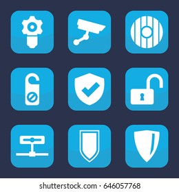 Privacy icon. set of 9 filled privacy icons such as do not disturb, opened lock, security camera, shield, gear keyhole