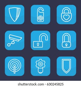 Privacy icon. set of 9 outline privacy icons such as do not disturb, heart lock, security camera, shield, lock