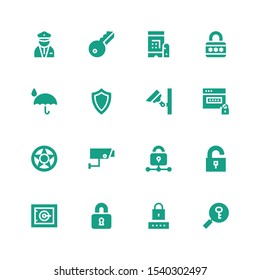 privacy icon set. Collection of 16 filled privacy icons included Password, Locked, Safe, Unlock, Lock, Security camera, Data protection, Shield, Protection, Padlock, Key, Security