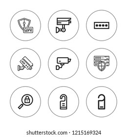 Privacy icon set. collection of 9 outline privacy icons with cctv, door hanger, doorknob, gdpr, password, padlock icons. editable icons.