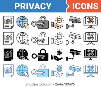 Privacy icon set with multiple style collection.