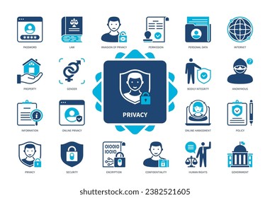 Juego de iconos de privacidad. Contraseña, Información, Género, Integridad Física, Datos Personales, Permiso, Seguridad, Política. Iconos sólidos de color Duotone