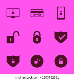 privacy icon set with shield lock security, key card and shield check vector illustration