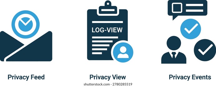 Privacy icons: feed log view events with checkmarks security document clipboard checkmark agreement analysis checkbox communication computer connection database feedback