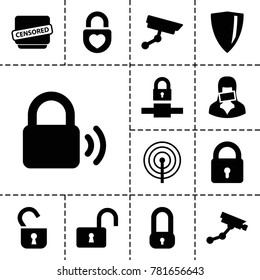 Privacy icons. set of 13 editable filled privacy icons such as lock, security camera, opened lock, heart lock, censored woman, censored, shield