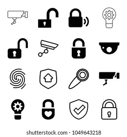 Privacy icons. set of 16 editable filled and outline privacy icons such as open lock, lock, shield, home security, finger print, door knob, security camera, security camera