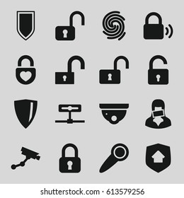 Privacy icons set. set of 16 privacy filled icons such as opened lock, security camera, Security camera, heart lock, censored woman, home security, finger print, door knob