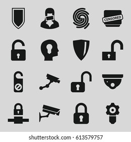 Privacy icons set. set of 16 privacy filled icons such as opened lock, security camera, Security camera, do not disturb, censored woman, censored, finger print, shield