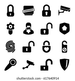 Privacy icons set. set of 16 privacy filled icons such as Security camera, do not disturb, opened lock, heart lock, censored woman, censored, home security, finger print