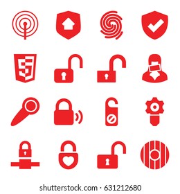 Privacy icons set. set of 16 privacy filled icons such as do not disturb, opened lock, heart lock, censored woman, home security, finger print, door knob, shield