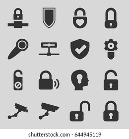Privacy icons set. set of 16 privacy filled icons such as opened lock, security camera, do not disturb, heart lock, door knob, security camera, shield, head with keyhole