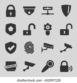 Privacy icons set. set of 16 privacy filled icons such as lock, security camera, security camera, opened lock, censored, home security, finger print, door knob, gear keyhole