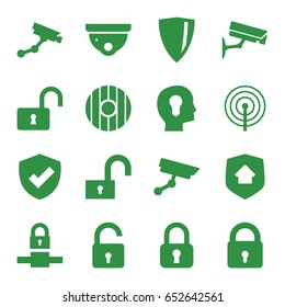 Privacy icons set. set of 16 privacy filled icons such as lock, opened lock, security camera, security camera, home security, shield
