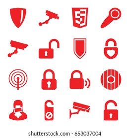 Privacy icons set. set of 16 privacy filled icons such as opened lock, security camera, do not disturb, heart lock, censored woman, door knob, security camera, lock