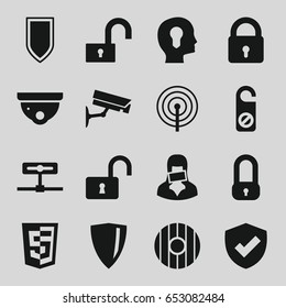 Privacy icons set. set of 16 privacy filled icons such as lock, security camera, do not disturb, opened lock, censored woman, shield, head with keyhole