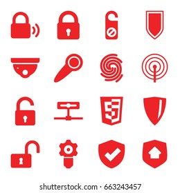 Privacy icons set. set of 16 privacy filled icons such as lock, opened lock, security camera, do not disturb, home security, finger print, door knob, shield, gear keyhole