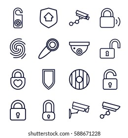 privacy icons set. Set of 16 privacy outline icons such as lock, opened lock, security camera, Security camera, do not disturb, heart lock, home security, finger print