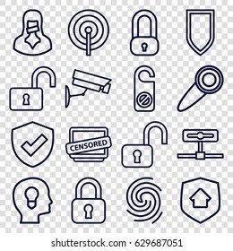 Privacy icons set. set of 16 privacy outline icons such as do not disturb, opened lock, censored woman, censored, home security, finger print, door knob, security camera