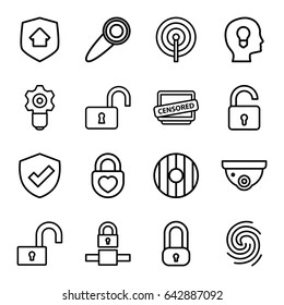 Privacy icons set. set of 16 privacy outline icons such as opened lock, security camera, heart lock, censored, home security, finger print, door knob, shield, lock
