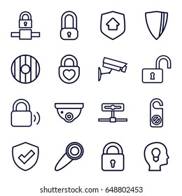 Privacy icons set. set of 16 privacy outline icons such as lock, security camera, do not disturb, opened lock, heart lock, home security, door knob, shield, camera