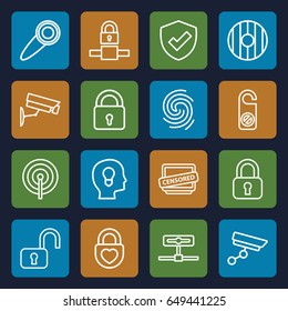 Privacy icons set. set of 16 privacy outline icons such as lock, do not disturb, heart lock, censored, finger print, door knob, security camera, shield, open lock, camera