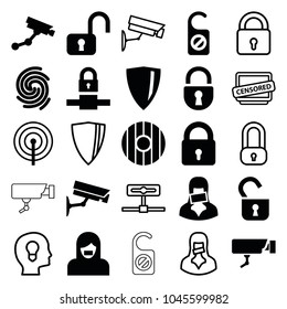 Privacy icons. set of 25 editable filled and outline privacy icons such as lock, security camera, open lock, censored woman, shield, finger print, security camera