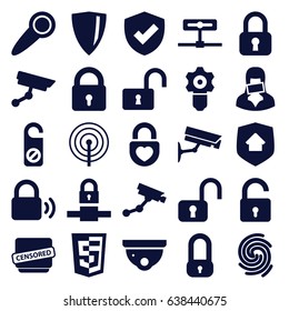 Privacy icons set. set of 25 privacy filled icons such as lock, opened lock, security camera, security camera, do not disturb, censored woman, censored, home security