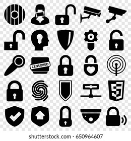 Privacy icons set. set of 25 privacy filled icons such as lock, opened lock, security camera, censored woman, censored, home security, finger print, door knob, shield