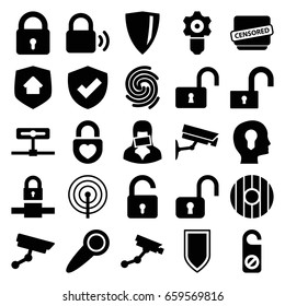 Privacy icons set. set of 25 privacy filled icons such as lock, opened lock, security camera, do not disturb, censored woman, censored, home security, finger print, door knob