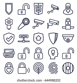 Privacy icons set. set of 25 privacy outline icons such as security camera, security camera, opened lock, heart lock, censored woman, censored, home security, finger print