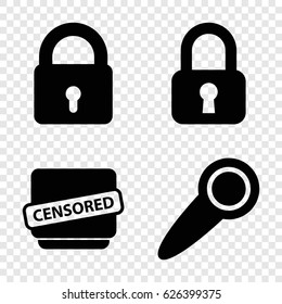 Privacy icons set. set of 4 privacy filled icons such as lock, censored
