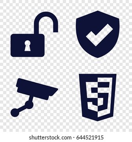 Privacy icons set. set of 4 privacy filled icons such as opened lock, security camera
