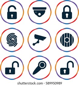 privacy icons set. Set of 9 privacy filled icons such as opened lock, security camera, finger print, door knob, shield, lock