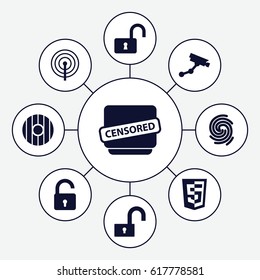 Privacy icons set. set of 9 privacy filled icons such as opened lock, Security camera, censored, finger print, shield