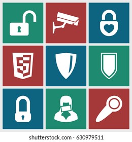 Privacy icons set. set of 9 privacy filled icons such as opened lock, heart lock, censored woman, door knob, security camera, shield