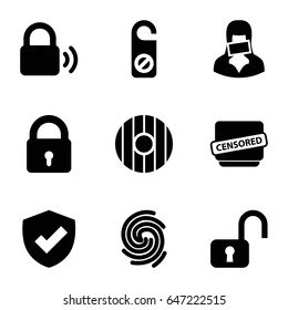 Privacy icons set. set of 9 privacy filled icons such as lock, do not disturb, censored woman, censored, finger print, shield