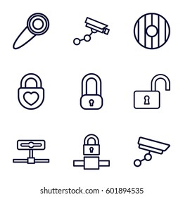 privacy icons set. Set of 9 privacy outline icons such as Security camera, opened lock, heart lock, door knob, security camera, shield, lock