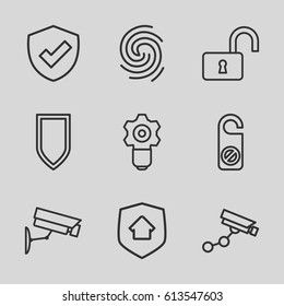 Privacy icons set. set of 9 privacy outline icons such as Security camera, do not disturb, opened lock, home security, finger print, security camera, shield