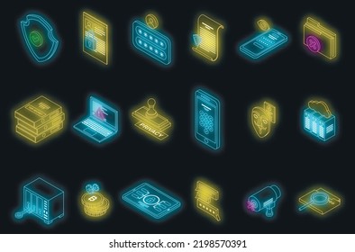 Privacy icons set. Isometric set of privacy vector icons neon color on black