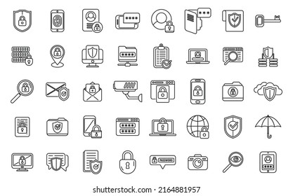 Los iconos de privacidad establecen el vector de contorno. Huella digital ocular. Identidad biométrica