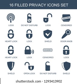 privacy icons. Trendy 16 privacy icons. Contain icons such as lock, do not disturb, censored, heart lock, shield, door knob, open lock. privacy icon for web and mobile.