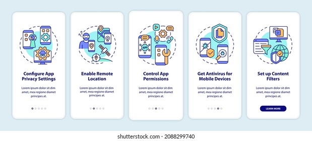 Privacy in internet tips onboarding mobile app page screen. Information protect walkthrough five steps graphic instructions with concepts. UI, UX, GUI vector template with linear color illustrations