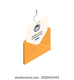 Privacy isometric icon with personal information on fishing hook 3d vector illustration