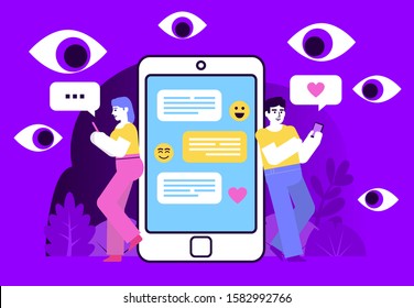 Privacy issue in social media, online web trackers concept. Big eyes watching man and woman use phones. Poster for social media, web page, banner, presentation. Violet design vector illustration